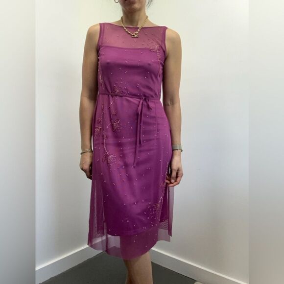 Vintage BCBG MaxAzria 90's/Y2k Pink Mesh Beaded Sleeveless Wrap Midi Dress S - Picture 3 of 10